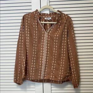 Nine West Rust Brown Printed Long-Sleeve Peasant Blouse